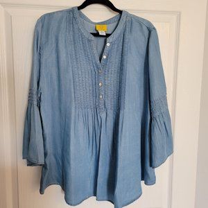 Ruby Rd, Light Blue "Denim Look"  Flowy top, Bell Sleeves